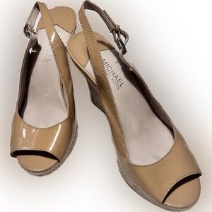 Michael Kors Patent Leather Beige Wedge Espadrille Slingback Peeptoe Sandals